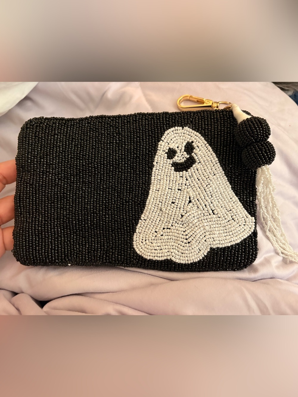 Black Beaded Ghost Wristlet Halloween Clutch Purse